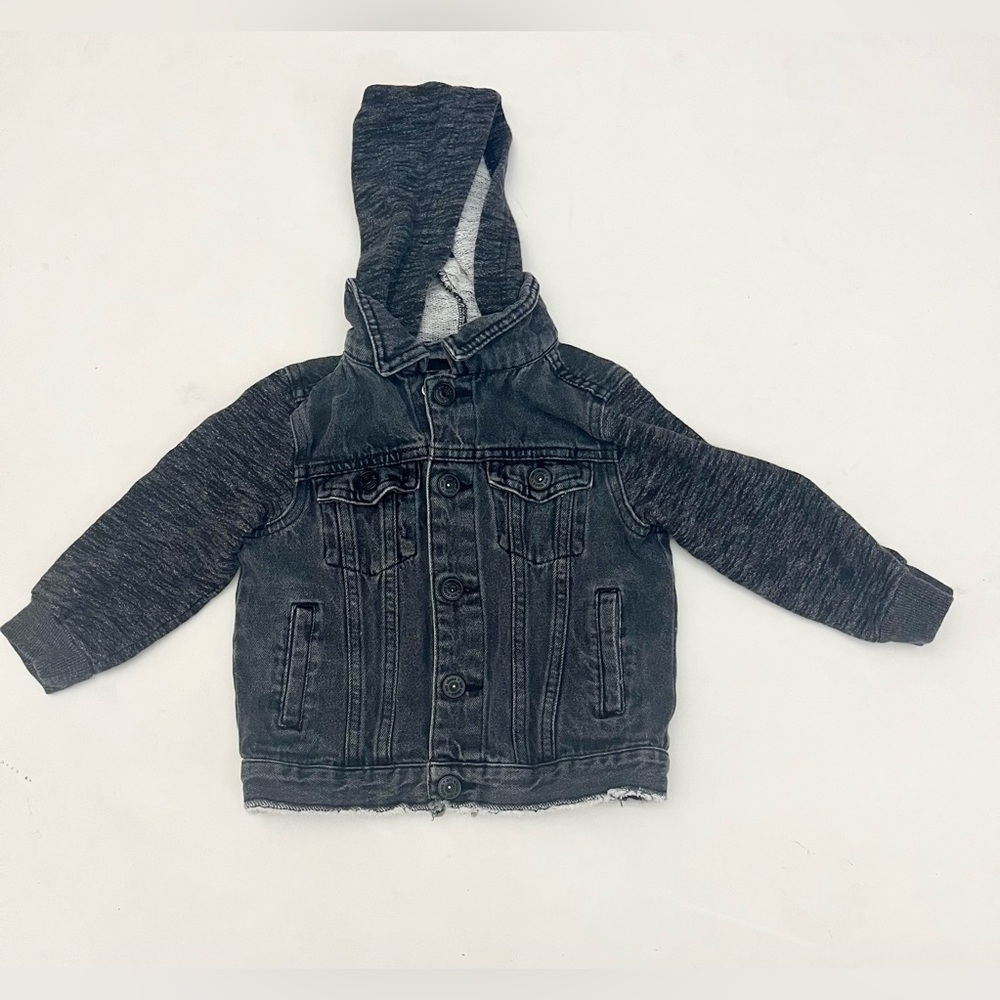 Boys black Jean jacket with sweatshirt sleeves and hood size 2T